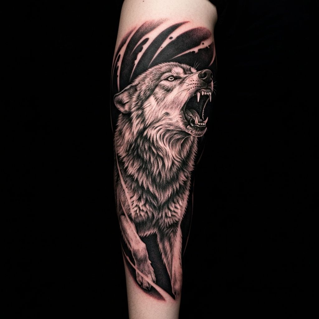 Black & Grey Realismus Wolf Tattoo auf dem Arm